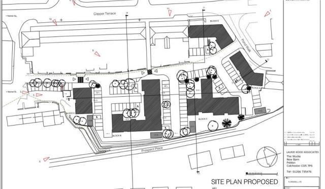 Site Plan proposed | PA15/10513 | Demolition of existing warehouse type building comprising 3,600 square metres of floorspace and the erection of a 70 unit residential development comprising 2no. 2-bed houses, 1no. 4-bed house, 10no one-bed flats and 57no